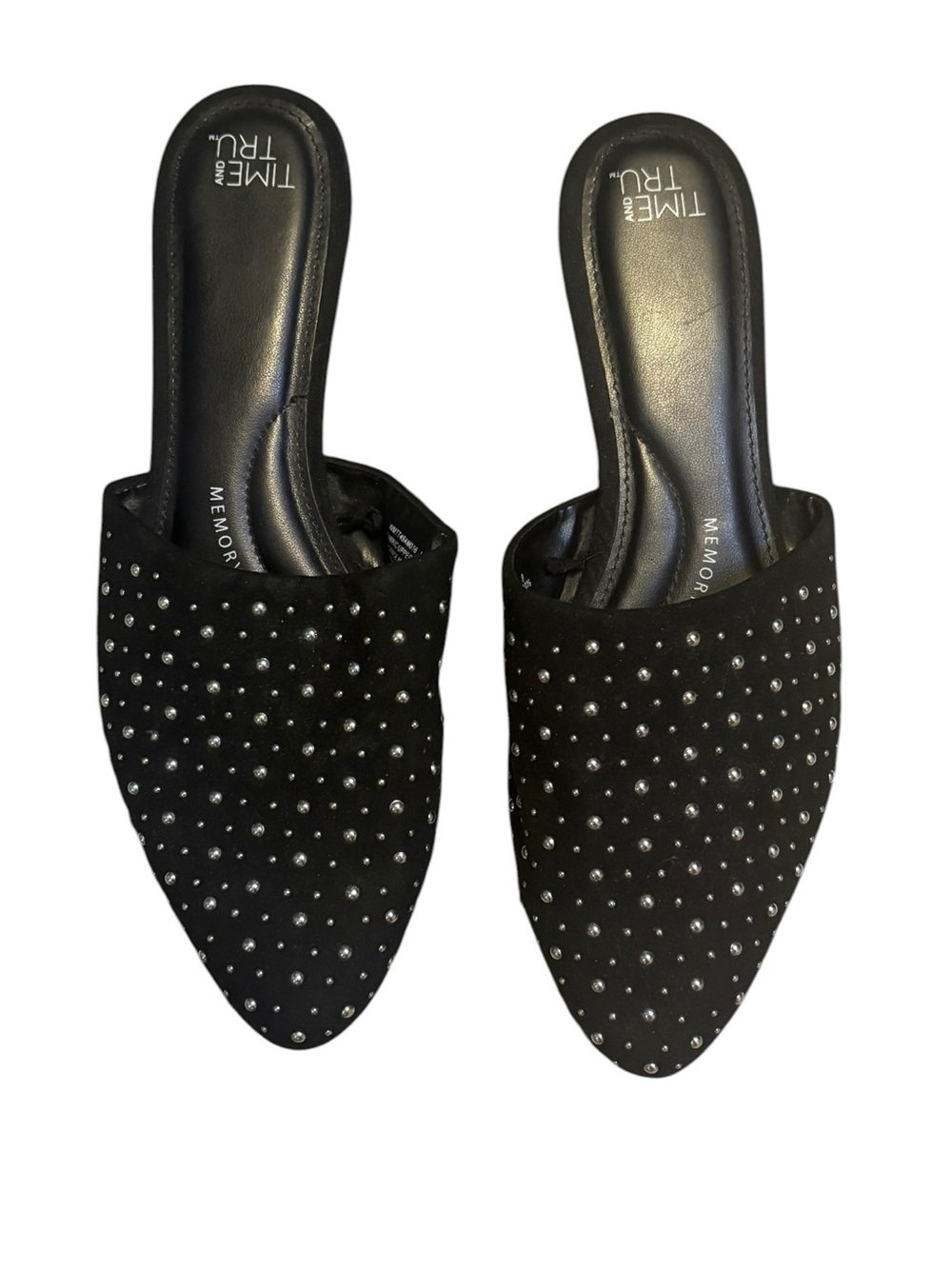 Time and Tru Black Studded Slip-On Mules Memory Foam Silver Studs Size